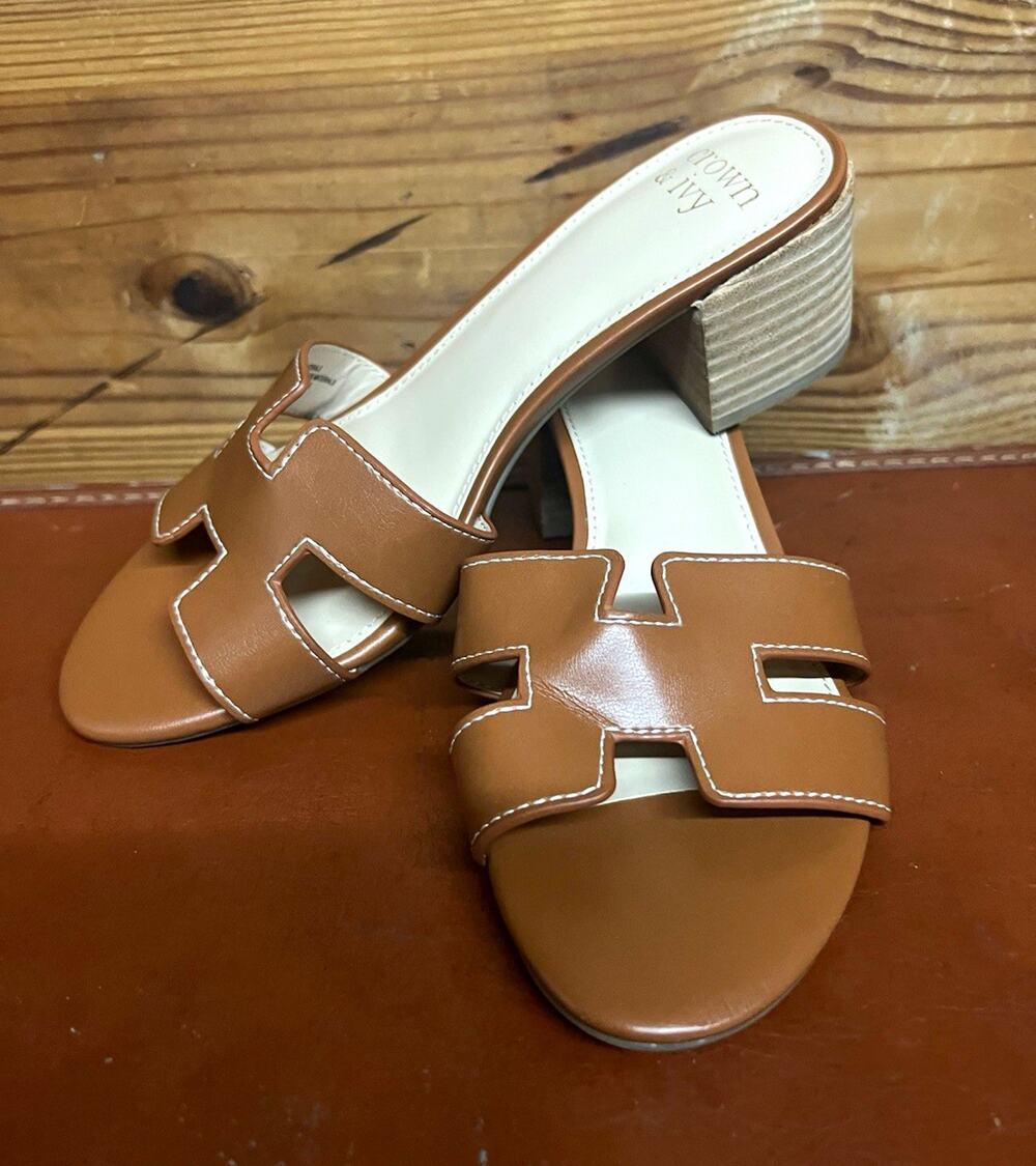 Crown & Ivy Women's Brown Slide Sandals H-Strap Slip-On Faux Leather US 7.5